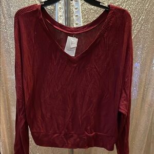Auden Women's Deep Red Long Sleeve V-Neck Sleep Top NWT